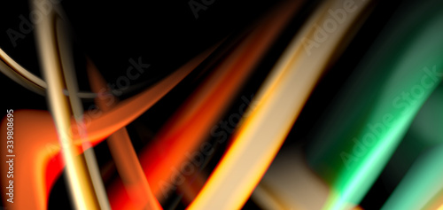 Abstract silk smooth lines on black, multicolored liquid fluid rainbow style waves on black