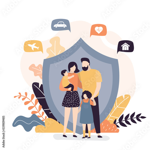 Happy family and protection shield. Insurance,healthcare concept banner. Assurance plan, full insurance coverage background.