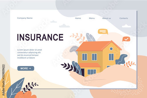 Real estate insurance landing page template. House on hand with care, concept background.