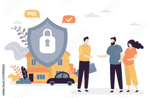 Happy love couple and salesman. Property,car and Insurance protection shield. Assurance plan