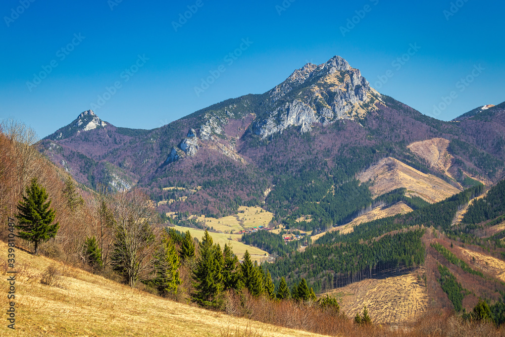Landscape with mountains at springtime. The Great Rozsutec hill in The Mala Fatra National Park, near the village of Terchova in Slovakia, Europe.
