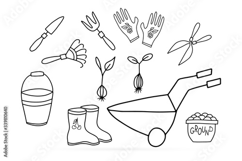 Doodle gardening equipment icon isolated on white. Outline gardening. Sketch vector stock illustration
