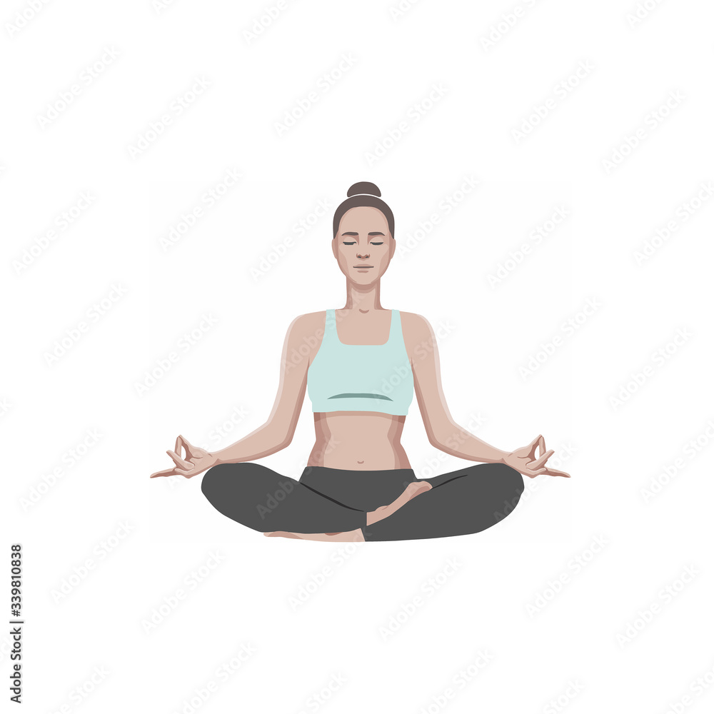 Beautiful young woman practicing yoga and meditating in lotus pose. Vector illustration isolated on white background