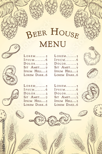 vector sketch beer bar or pub menu template. Vintage engraved beer house background. beer label with beer snacks, wheat or barley ears and hops illustration. Alcoholic beverages restaurant menu poster