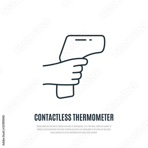 Fever check line icon. Body temperature check required sign during Covid-19 Outbreak. Non-contact thermometer. Vector illustration.