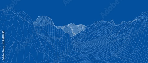 Abstract 3d wire-frame landscape. Blueprint style