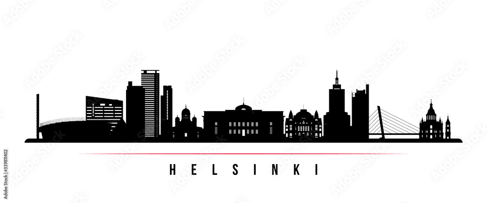 Helsinki skyline horizontal banner. Black and white silhouette of Helsinki, Finland. Vector template for your design.