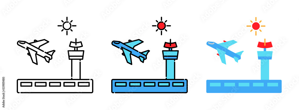 airport and control tower icon set isolated on white background for web ...