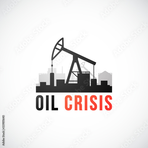 Oil crisis vector concept illustration. Fuel catastrophic low prices. Oil pump jack isolated on white background.