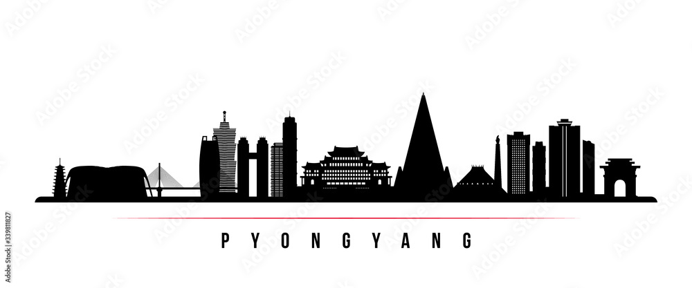 Pyongyang skyline horizontal banner. Black and white silhouette of Pyongyang, North Korea. Vector template for your design.
