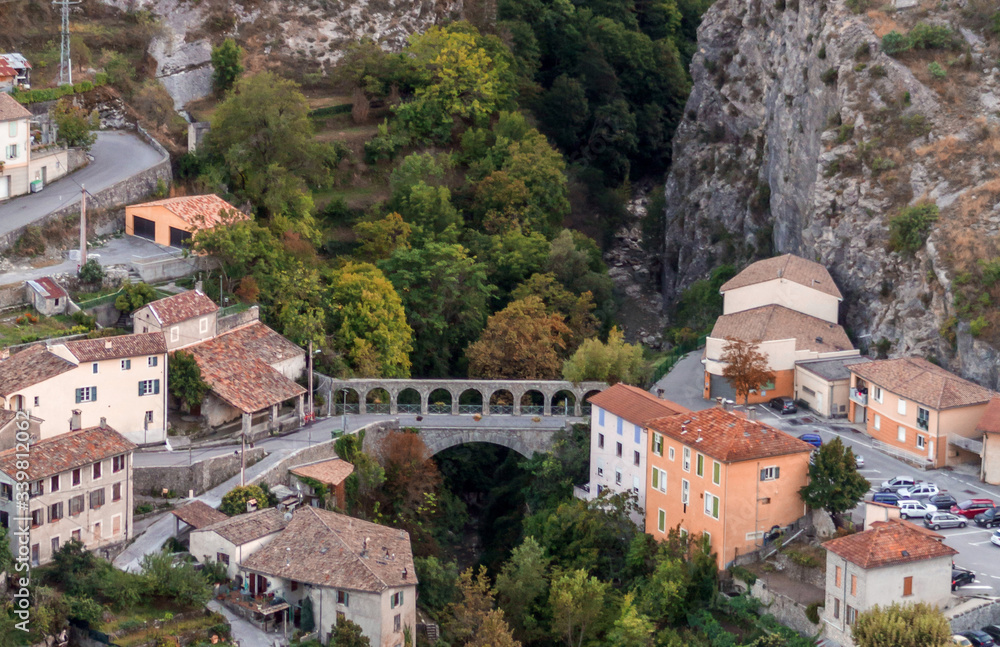 Entrevaux, France: top view of the historic center, aqueduct and gorge