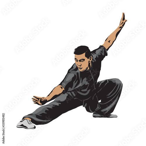Male showing the rack position Wushu. Art of wushu. Vector illustration.