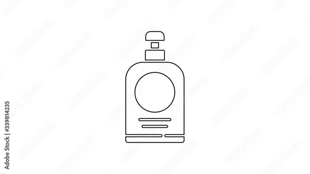 Black line Hand sanitizer bottle icon isolated on white background. Disinfection concept. Washing gel. Alcohol bottle for hygiene. 4K Video motion graphic animation Black line Hand sanitizer bottle icon isolated on white background. Disinfection concept. Washing gel. Alcohol bottle for hygiene. 4K Video motion graphic animation