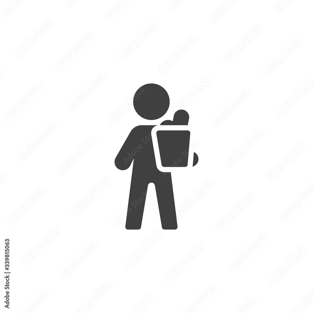Courier man delivering food package vector icon. filled flat sign for mobile concept and web design. Goods delivery glyph icon. Symbol, logo illustration. Vector graphics Courier man delivering food package vector icon. filled flat sign for mobile concept and web design. Goods delivery glyph icon. Symbol, logo illustration. Vector graphics