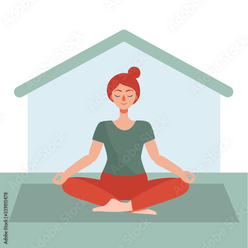 Yong woman do yoga at home. The concept of home activity in quarantine. Prevention of the spread of coronavirus. Flat cartoon vector illustration.
