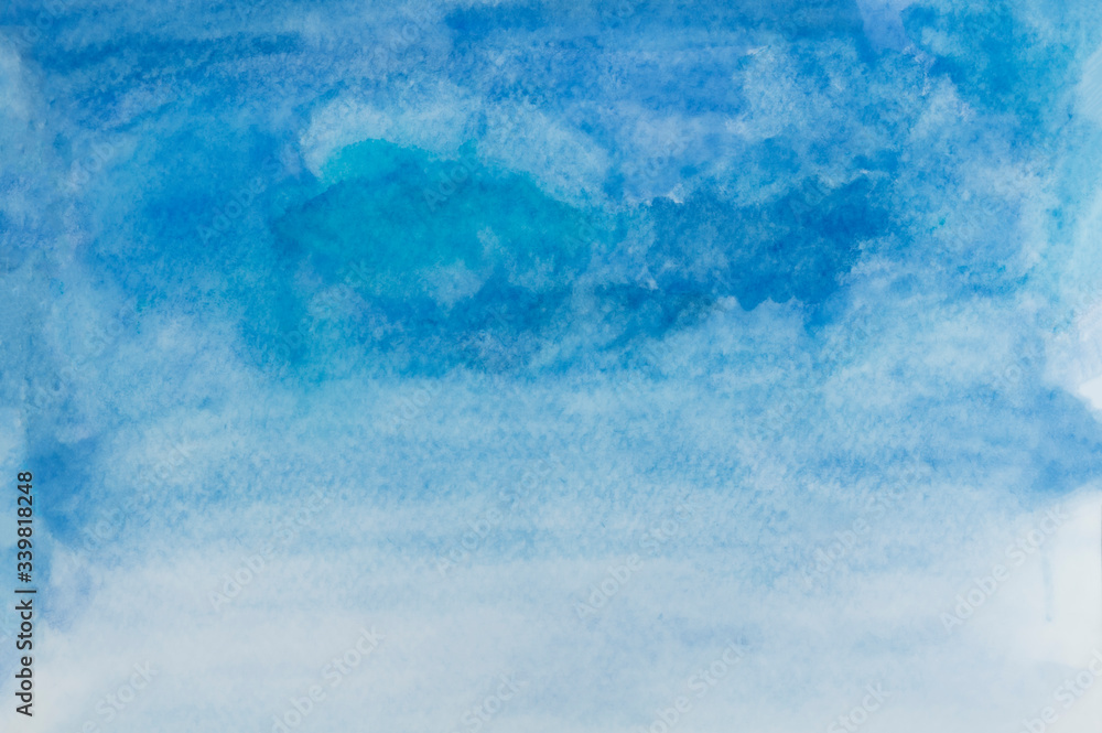 Watercolor illustration art abstract blue color texture background, clouds and sky pattern. Watercolor stain with hand paint, cloudy pattern on watercolor paper