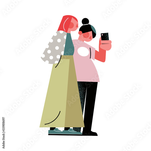 Hand drawn two young girls friends making selfie on smartphone vector illustration