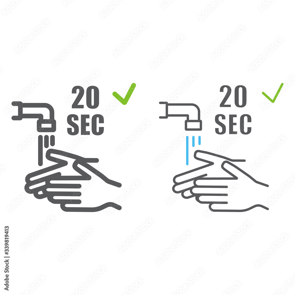 Washing your hands 20 seconds color line icons, wash and hygiene, wash your hands sign, vector graphics, a linear pattern on a white background, eps 10.