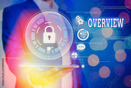 Text sign showing Overview. Business photo showcasing the general review or summary of subject project movie book