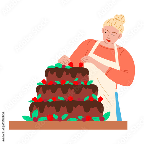 Woman confectioner or baker decorating cake with fresh strawberries vector illustration