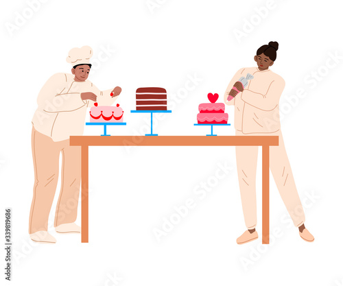 Bakers in aprons decorating cakes with fresh strawberries and cream vector illustration