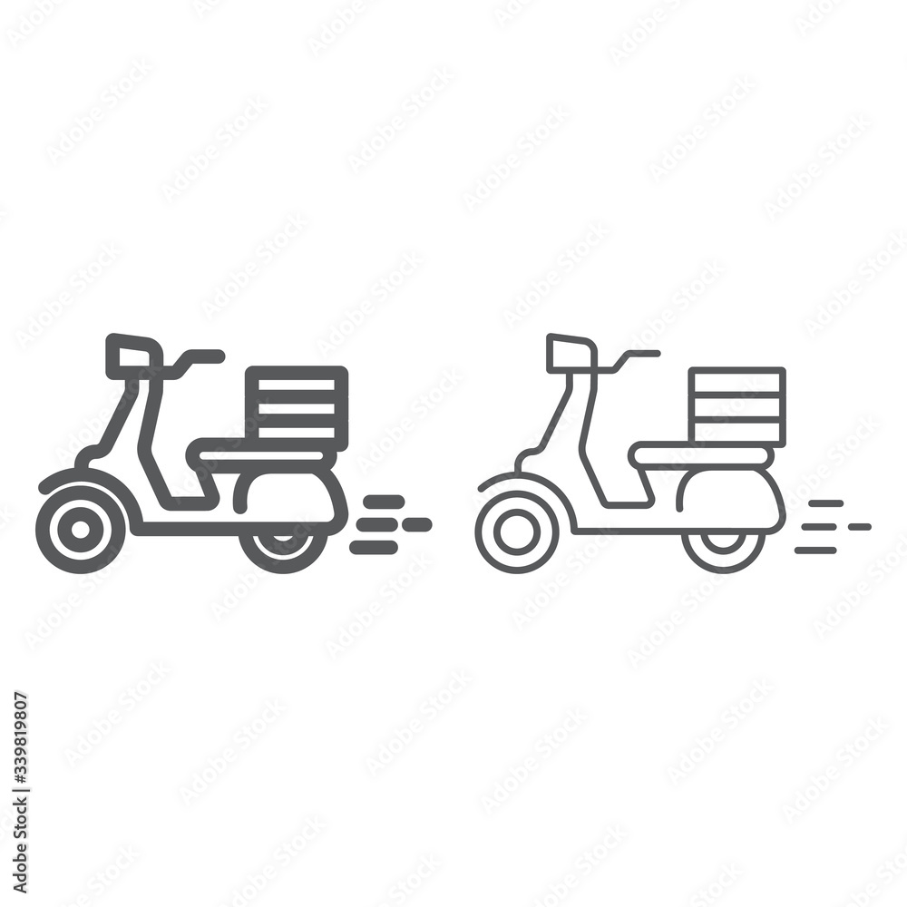 Food delivery line and thin icon, pizza motorcycle and vehicle, scooter sign, vector graphics, a linear icon on a white background, eps 10. Food delivery line and thin icon, pizza motorcycle and vehicle, scooter sign, vector graphics, a linear icon on a white background, eps 10.
