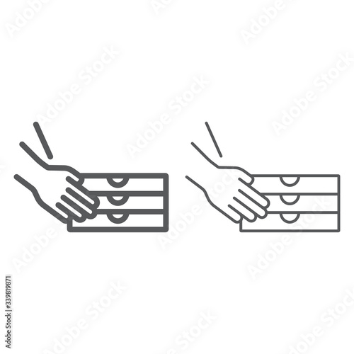 Hands holding pizza boxes line and thin icon, pizza and service, pizza delivery sign, vector graphics, a linear icon on a white background, eps 10.