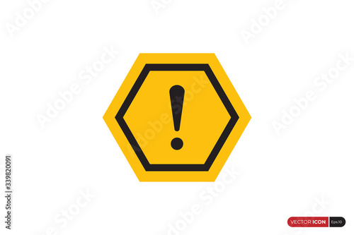 Alert Sign, Warning and Exclamation Icon with Yellow Hexagon Shape and Black Outline Border outside. Flat Vector Icon Design Template Element.