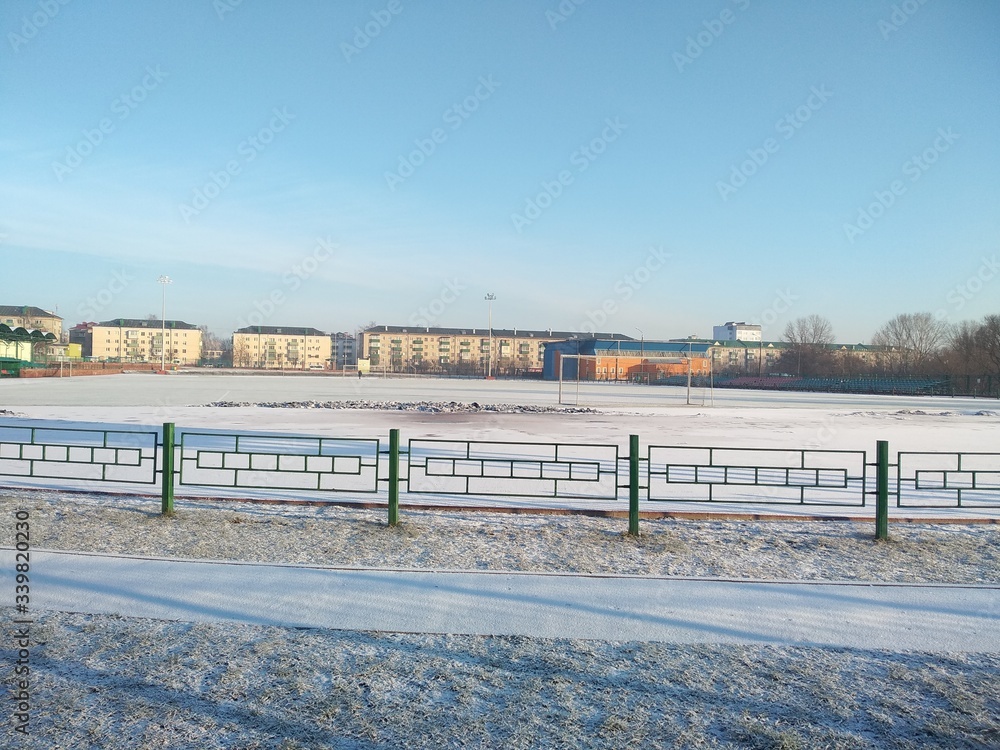 Stadium in winter. Belarus. Bobruisk/