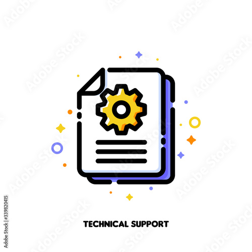 Manual document icon with paper file and gear for big data processing technology or capturing digital information concept. Flat filled outline style. Pixel perfect 64x64. Editable stroke