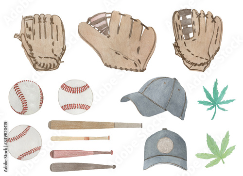 Photography Watercolor baseball set and hemp leaves, painted on white background, hand drawn