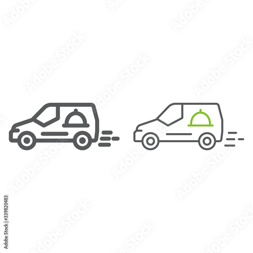 Food delivery van line and color icon, service and delivery, fast delivery sign, vector graphics, a linear icon on a white background, eps 10.