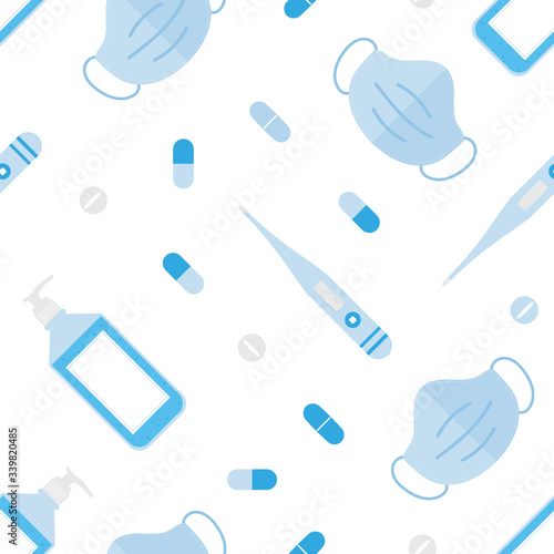 Sanitizer hand gel, thermometer, medical face mask and pills vector seamless pattern background. 