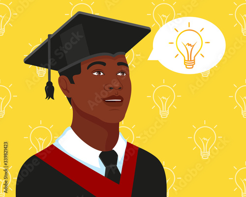 Handsome African american college guy student, university graduate in graduation cap and gown. Scientific idea concept. Future belongs to education. Yellow background.  Vector illustration.
