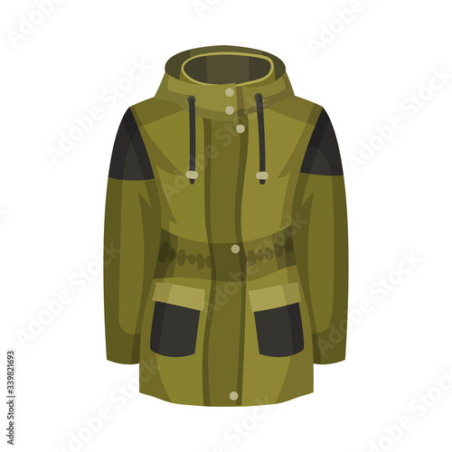 Zippered Khaki Parka or Coat with Hood and Side Pockets as Womenswear Vector Illustration