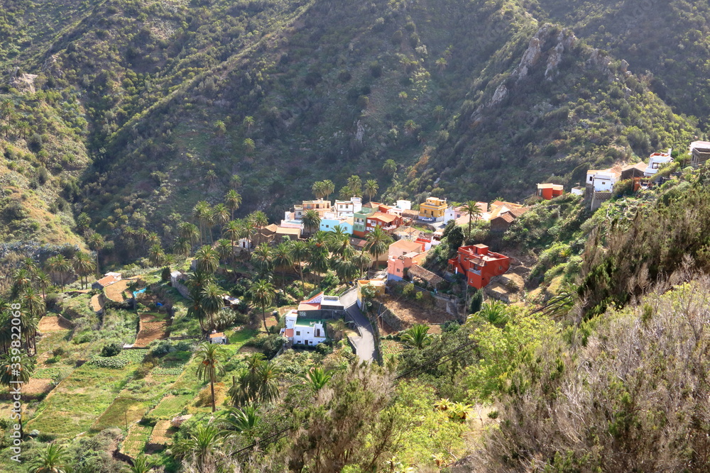 Colorful homes in Guaidil near Vallehermoso town and valley on the island of La Gomera, Canary Islands, Spain