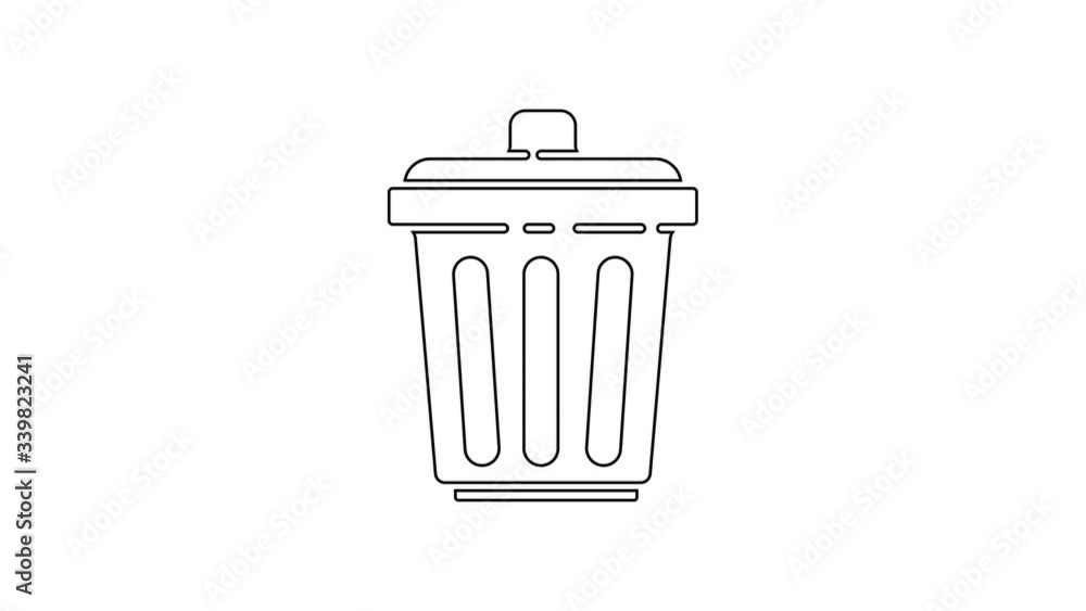 Black line Trash can icon isolated on white background. Garbage bin sign. Recycle basket icon. Office trash icon. 4K Video motion graphic animation Black line Trash can icon isolated on white background. Garbage bin sign. Recycle basket icon. Office trash icon. 4K Video motion graphic animation