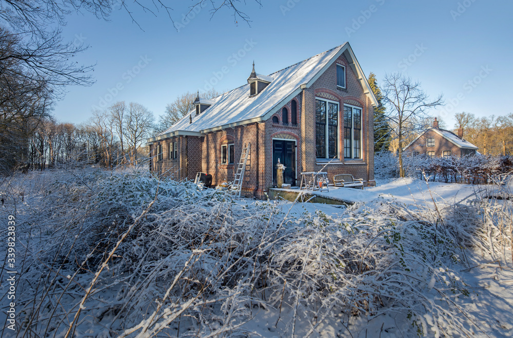 Old schoolbuilding. Boschoord. Colonial house. Koloniehuisje. Maatschappij van Weldadigheid. Drenthe Netherlands. Winter, Snow