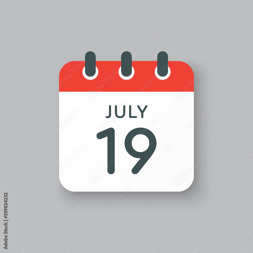 Icon calendar day 19 July, summer days of the year Icon calendar day 19 July, summer days of the year