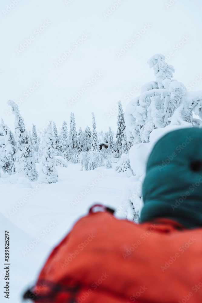 Woman walking to a hut in the snowy woods