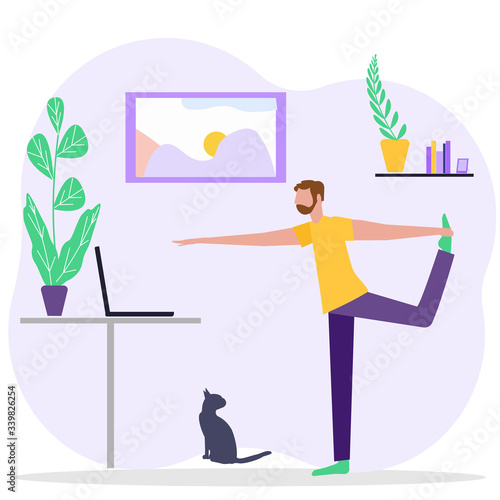 A man practicing yoga at home with a tv lesson. Concept of Coronaviruses pandemic, quarantine in the store social distancing epidemic precautions, self isolation. For web banner, poster, social media