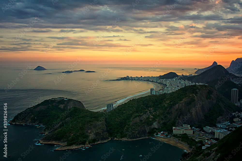 The view from the bird's eye view of Rio de Janeiro at sunset, beautiful views from Sugarloaf mountain, Brazil, South America