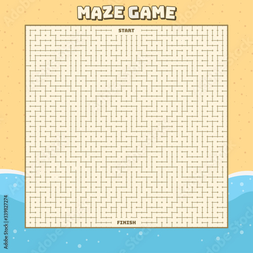 Maze puzzle game with summer beach concept background. Labyrinth conundrum hard level.