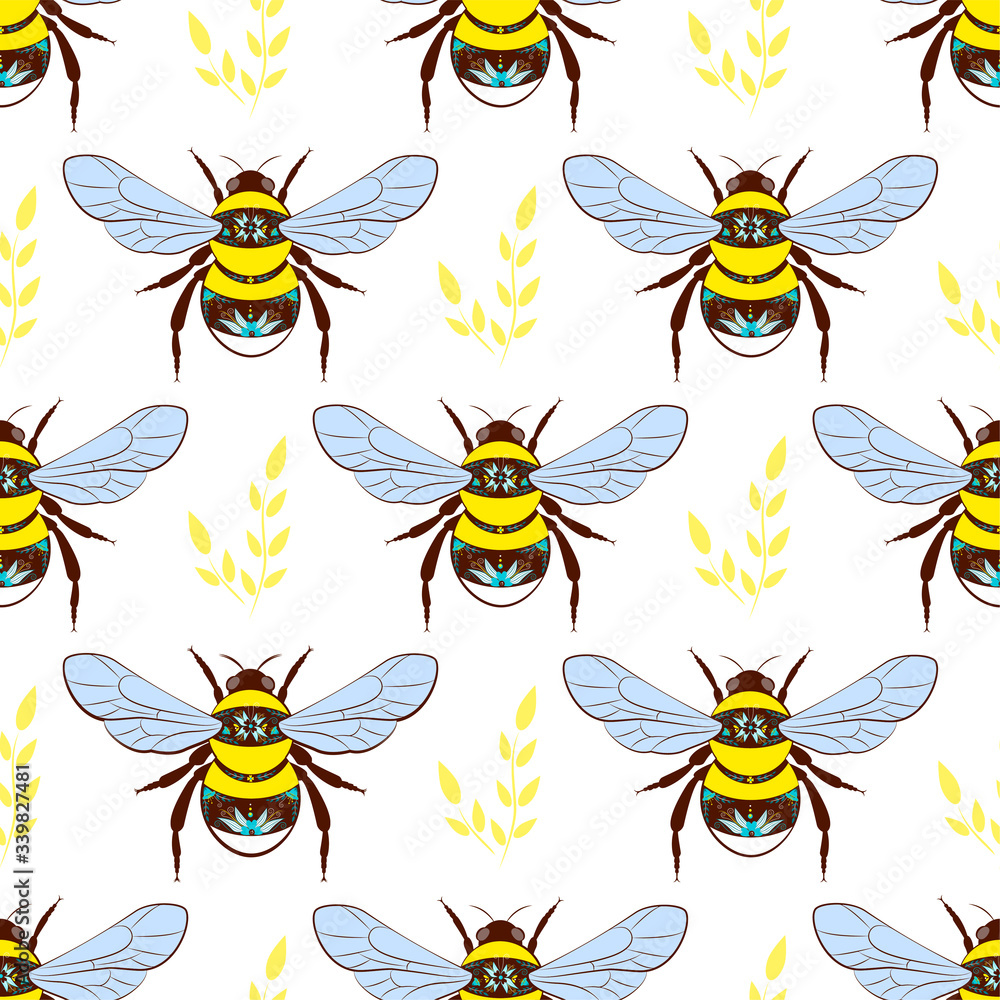 Seamless background with bees. vector background with bees on a white background and a twig