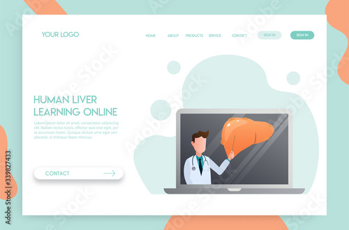 Landing page Online doctor concept. Experts advise human liver in learning online.