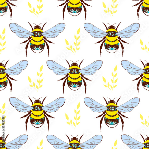 Seamless background with bees. vector background with bees on a white background and a twig © Katsiaryna