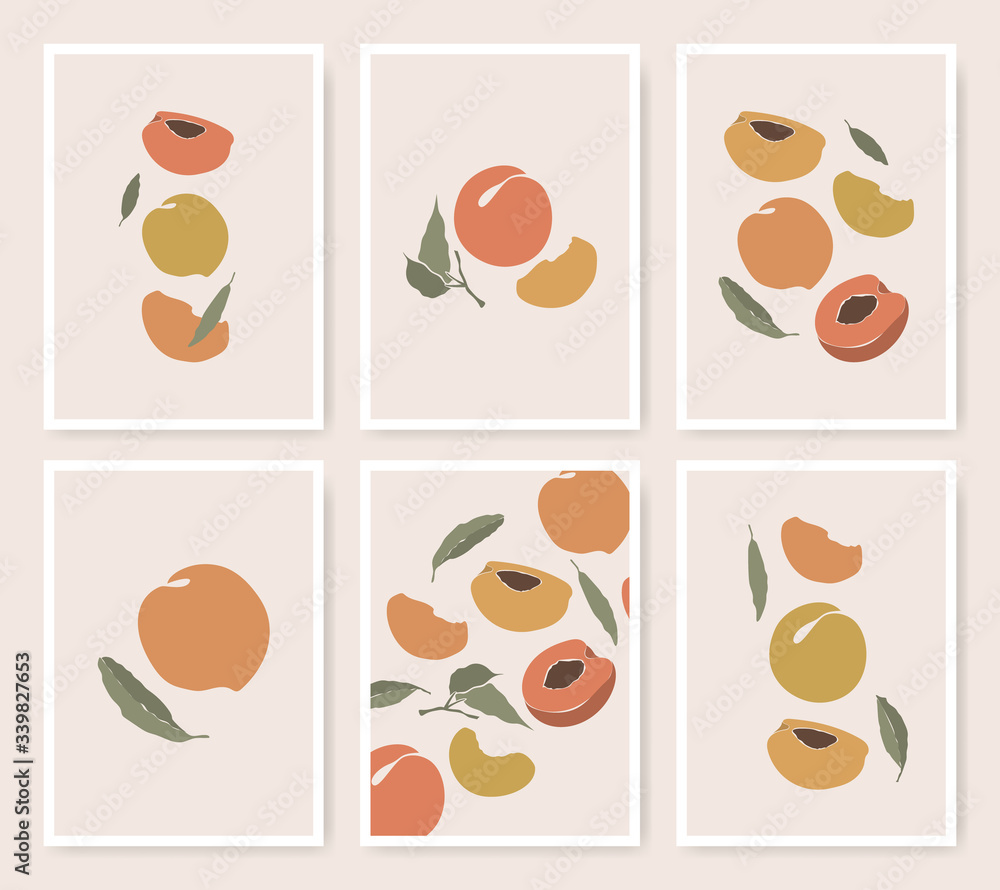 Peach poster set with hand-drawn fruit icons with leaves. Abstract plant composition in minimalistic style. Decoration food illustrations.