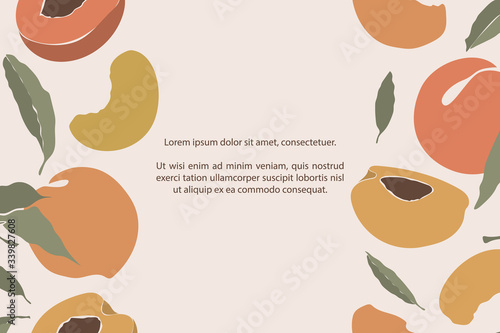 Peah classic background with hand-drawn colorful fruit icons with leaves and text. Nature plant illustration. photo