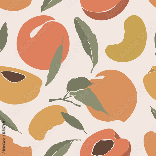 Peach seamless pattern with hand-drawn flat fruit icons on light background. Nature fruit wallpaper texture. Food wrapping endless illustration.