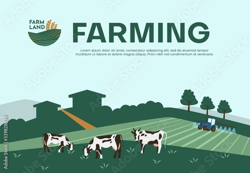 Cows farming on green meadow agricultural business concept.